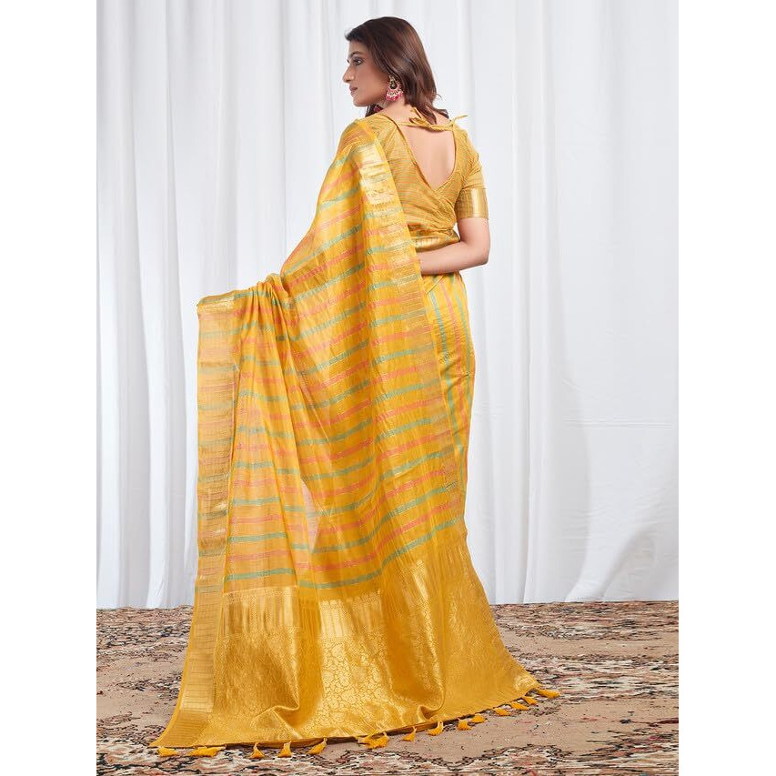Satrani Women's Cotton Silk Woven Stripe & Jacquard Saree with Unstitched Blouse Piece (3474S5974N_Yellow)