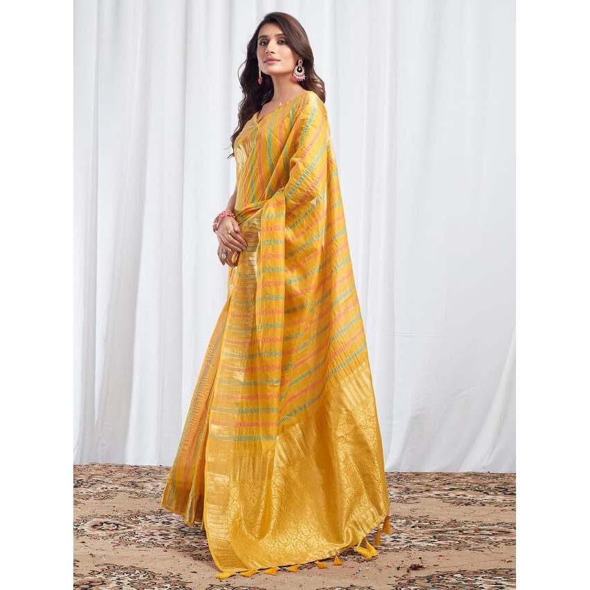 Satrani Women's Cotton Silk Woven Stripe & Jacquard Saree with Unstitched Blouse Piece (3474S5974N_Yellow)