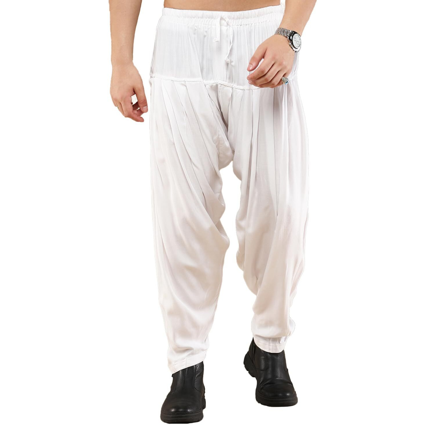 Sanwara Men's Fusion Wear Solid White Rayon Patiala Salwar (36)