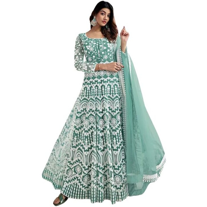PATLANI Women's Naylon Net Embroiered Full Stitched Gown with Dupatta. Green