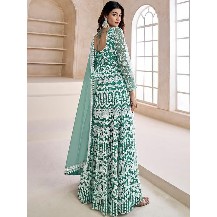 PATLANI Women's Naylon Net Embroiered Full Stitched Gown with Dupatta. Green