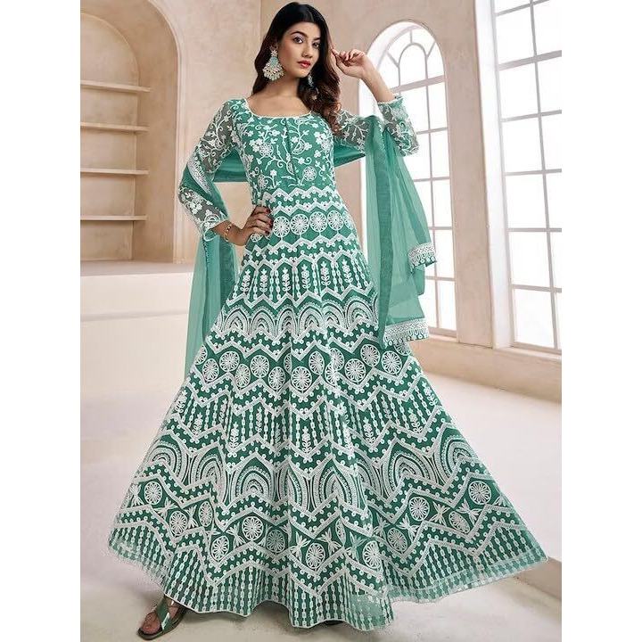PATLANI Women's Naylon Net Embroiered Full Stitched Gown with Dupatta. Green