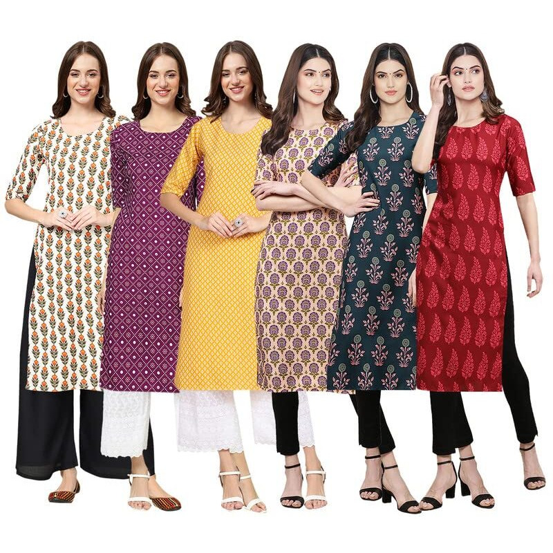 Pinkmint Women's Crepe Digital Print Straight Kurta [Pack of 6](QV-352-355-350-332-335-337-XL)