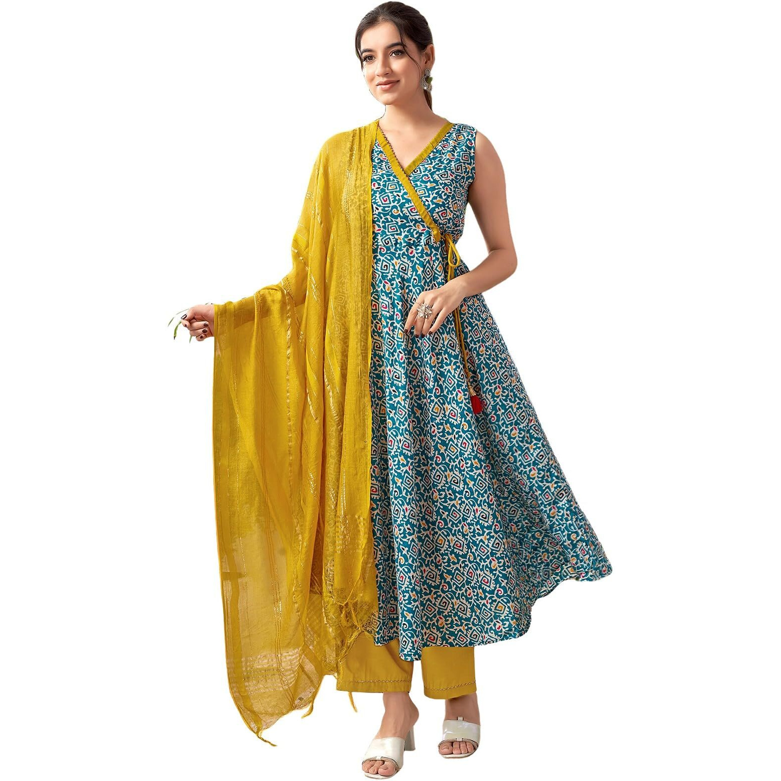 Sanisa Women's Cotton Blend Digital Foil Printed Anarkali Kurta with Pant and Dupatta Set (67KBD766NB-L_Teal Blue & White & Multi)