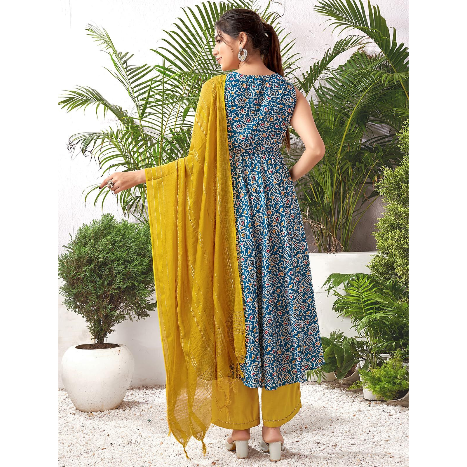 Sanisa Women's Cotton Blend Digital Foil Printed Anarkali Kurta with Pant and Dupatta Set (67KBD766NB-L_Teal Blue & White & Multi)