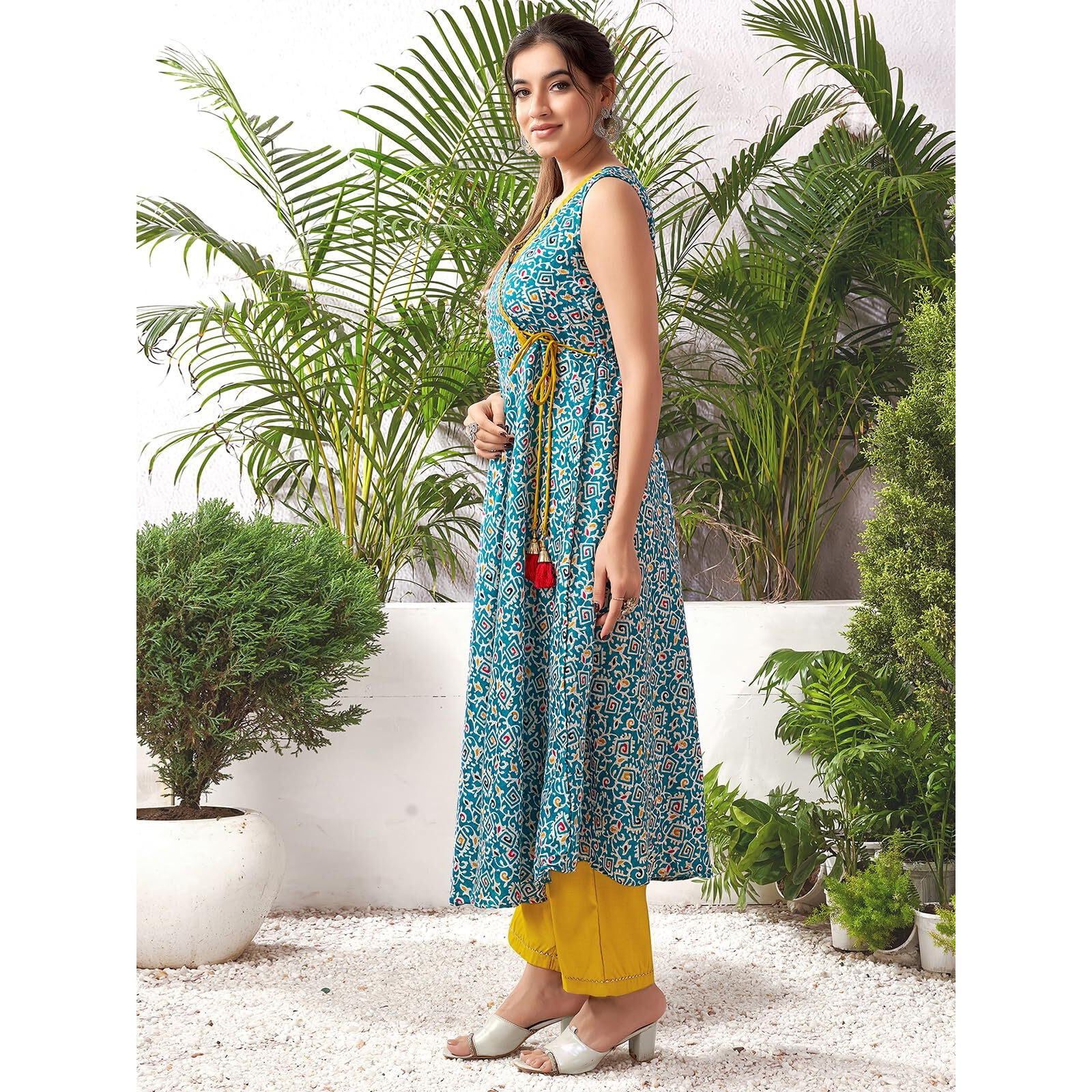 Sanisa Women's Cotton Blend Digital Foil Printed Anarkali Kurta with Pant and Dupatta Set (67KBD766NB-L_Teal Blue & White & Multi)
