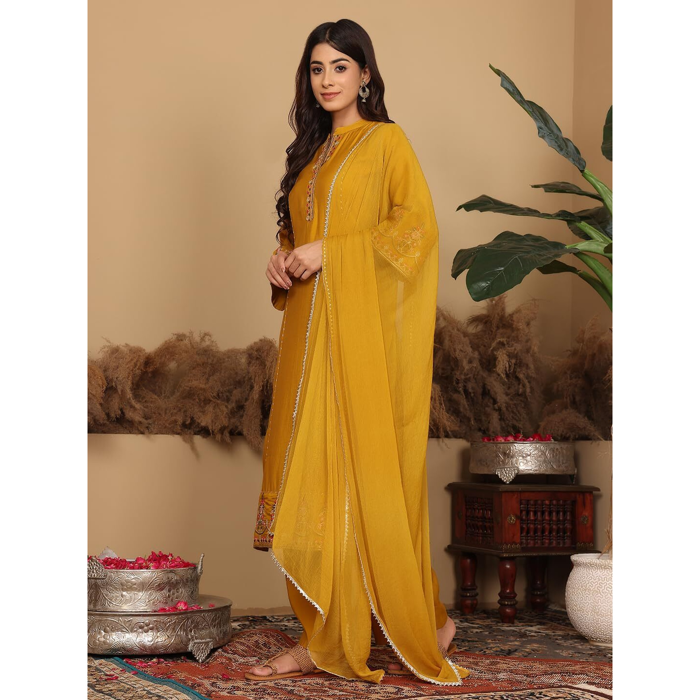 Varanga Women Yellow Silk Mandarin Collar Kurta Set with Dupatta  Silk Kurta with Mandarin Collar, Three-Quarter Sleeves, Paired with Coordinated Bottom and Dupatta