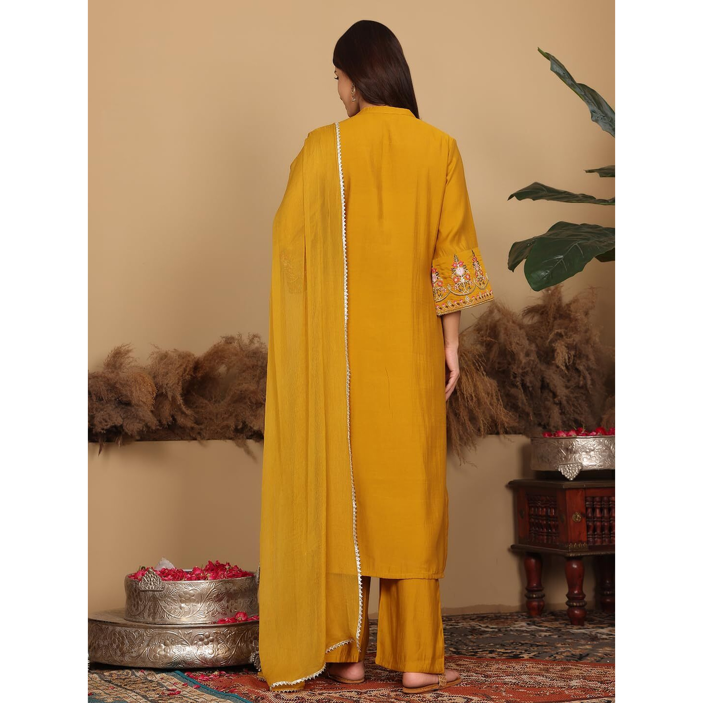 Varanga Women Yellow Silk Mandarin Collar Kurta Set with Dupatta  Silk Kurta with Mandarin Collar, Three-Quarter Sleeves, Paired with Coordinated Bottom and Dupatta
