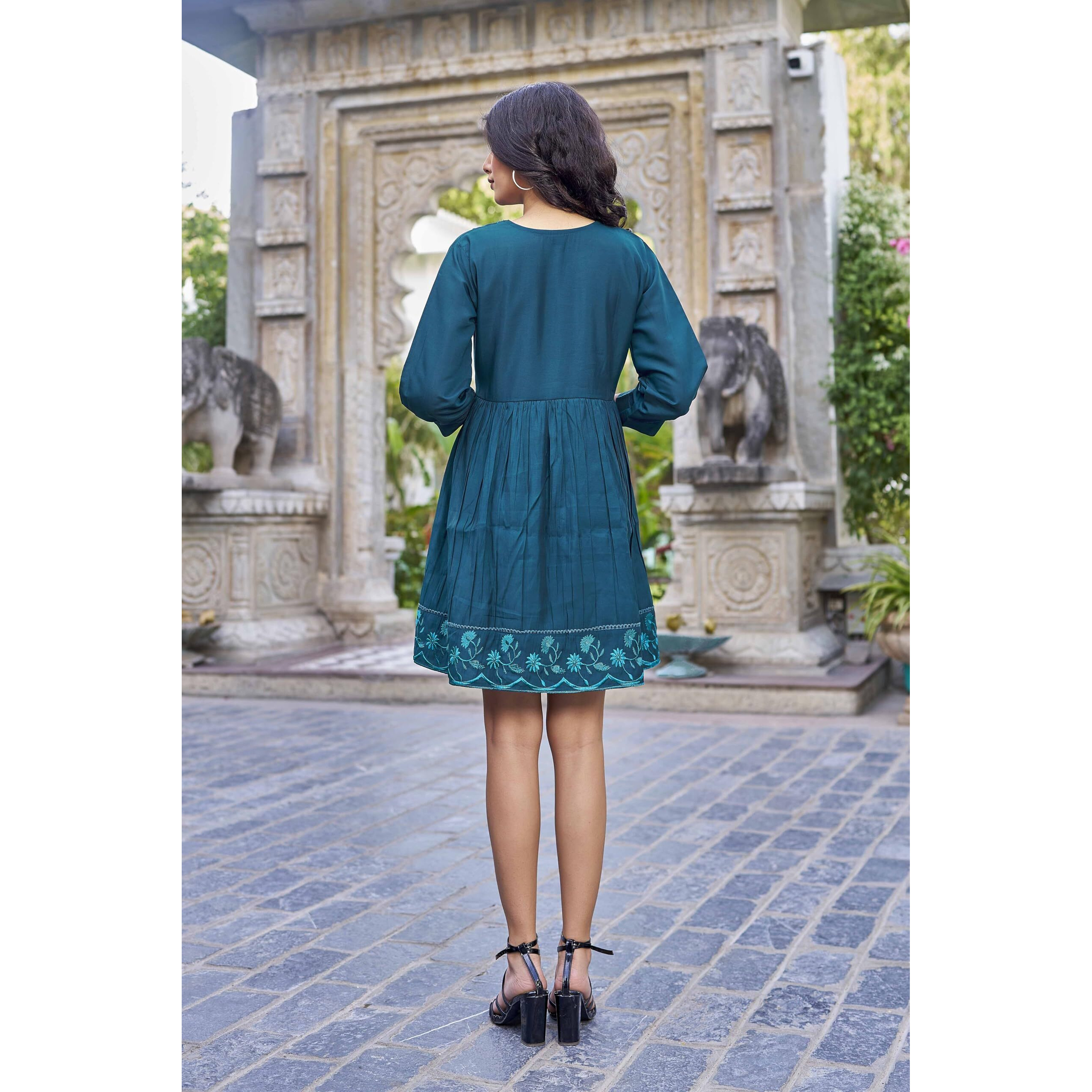 KESUDI Women's Heavy Silk Embroidry Blue Tunic