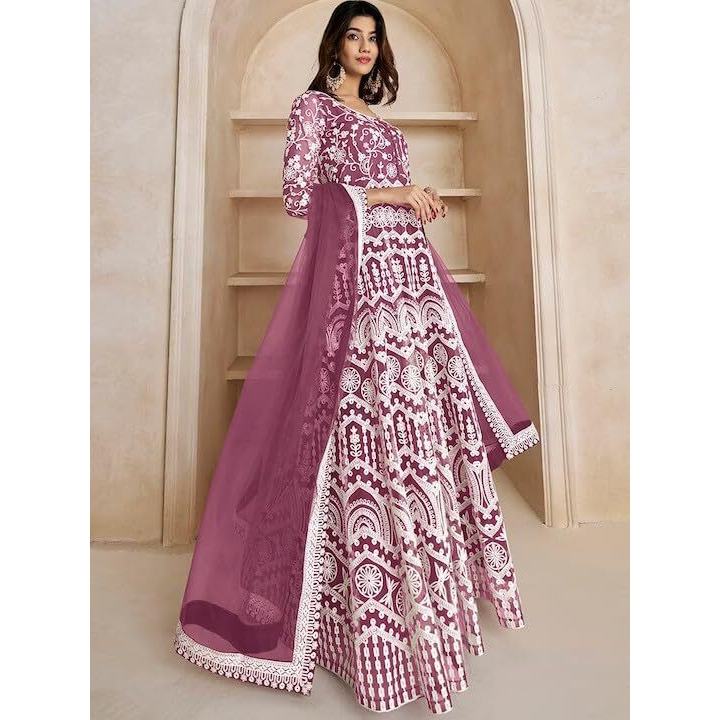 PATLANI Women's Naylon Net Embroiered Full Stitched Gown with Dupatta. Purple