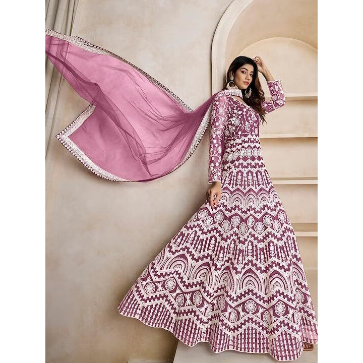 PATLANI Women's Naylon Net Embroiered Full Stitched Gown with Dupatta. Purple
