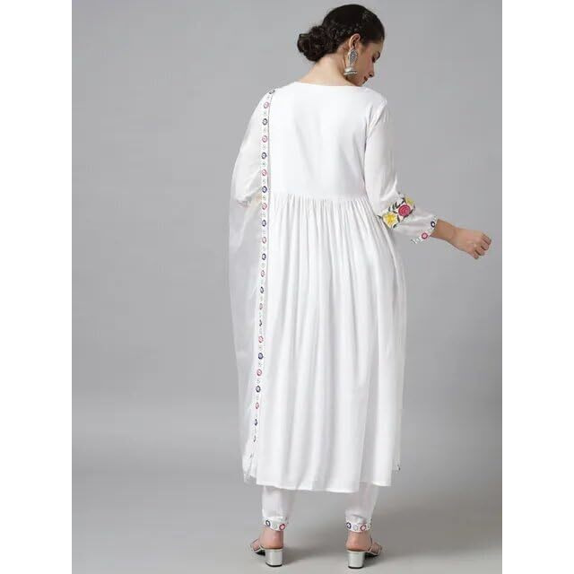 PATLANI Women's Micro Malay Embroidered Straight Kurti Palazzo Pants Set with Dupatta.(Multi-White-S)