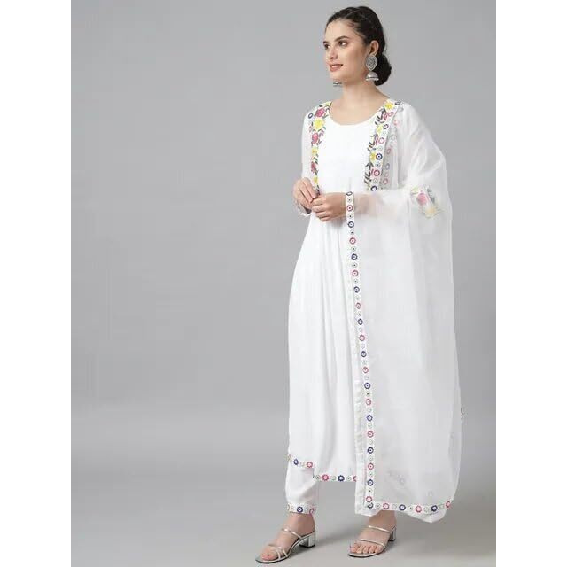 PATLANI Women's Micro Malay Embroidered Straight Kurti Palazzo Pants Set with Dupatta.(Multi-White-S)