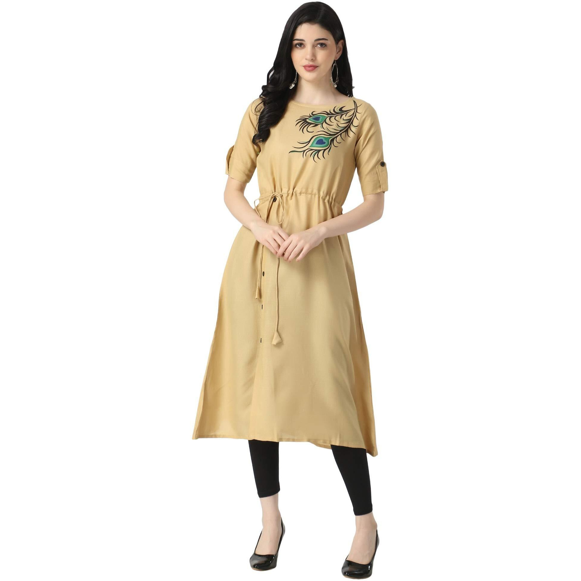 DHRUVI TRENDZ Womens Slub Rayon Women Casual Kurti Regular Fit Anarkali (DT-K2468_Beige_3XL)