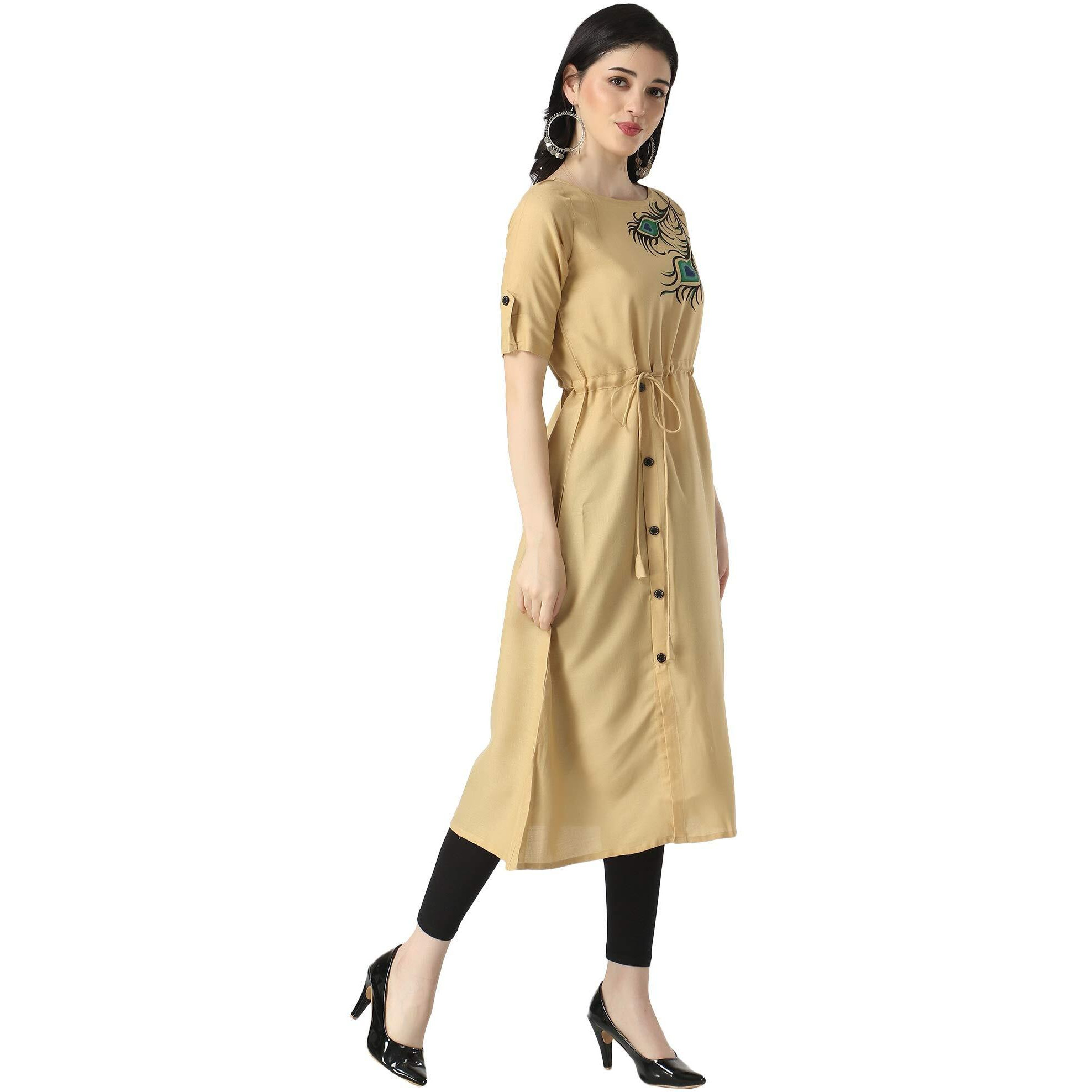DHRUVI TRENDZ Womens Slub Rayon Women Casual Kurti Regular Fit Anarkali (DT-K2468_Beige_3XL)