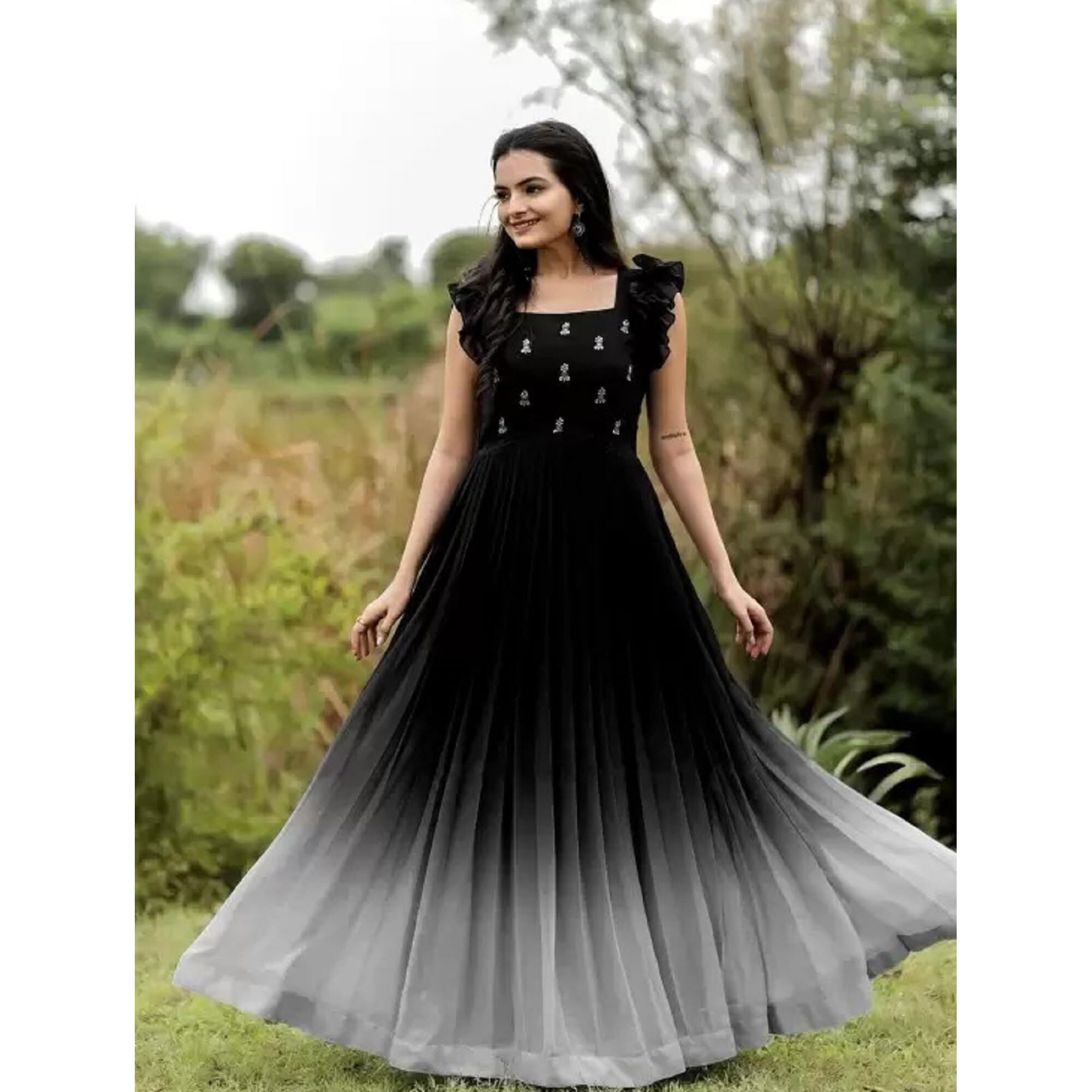 LAZZLY Women's Georgette Anarkali Knee-Length Dress (Pe_Sweety_Black_M, Medium