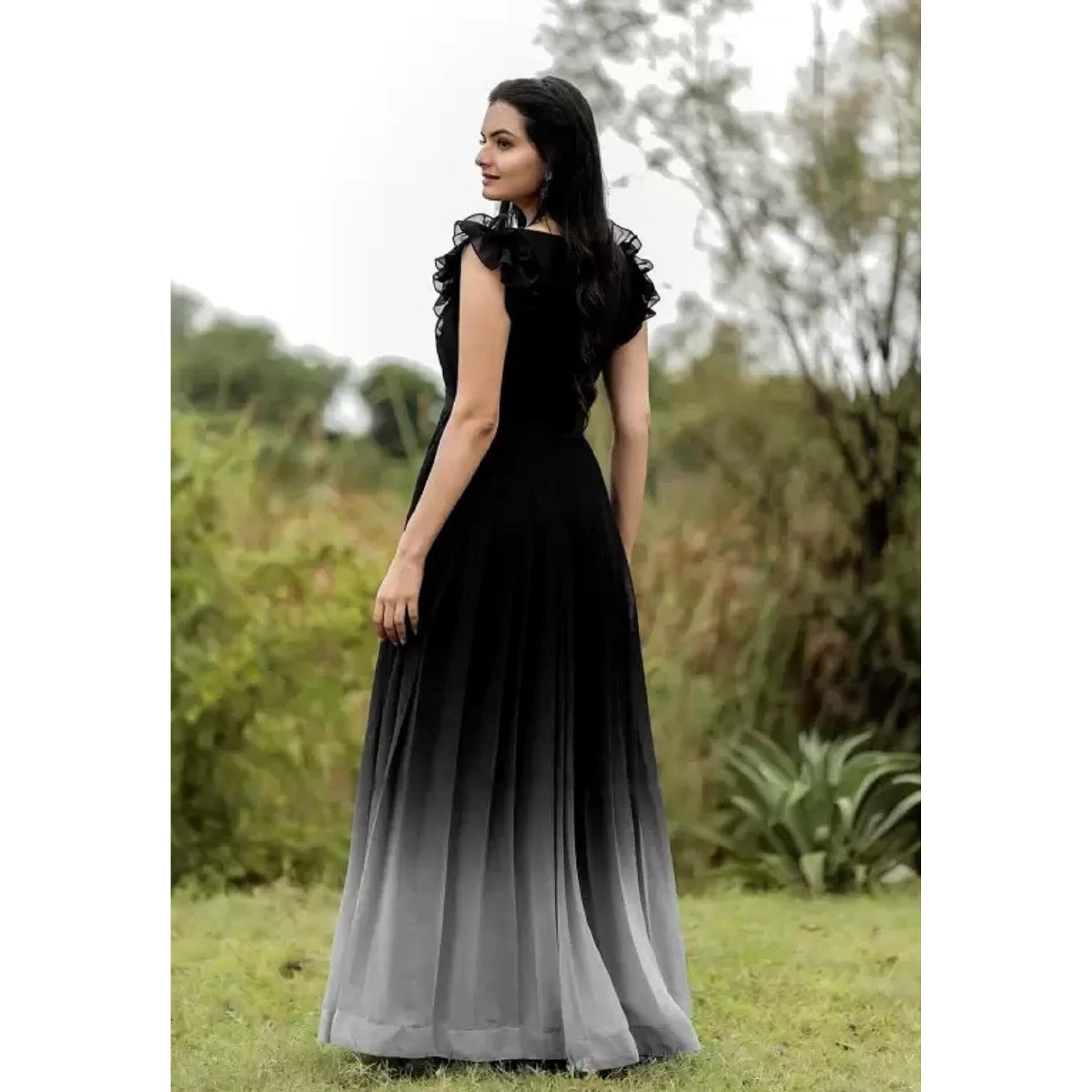 LAZZLY Women's Georgette Anarkali Knee-Length Dress (Pe_Sweety_Black_M, Medium