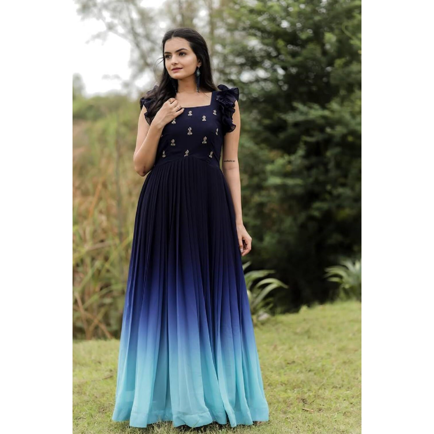 LAZZLY Women's Georgette Anarkali Knee-Length Dress (453453_Blue White