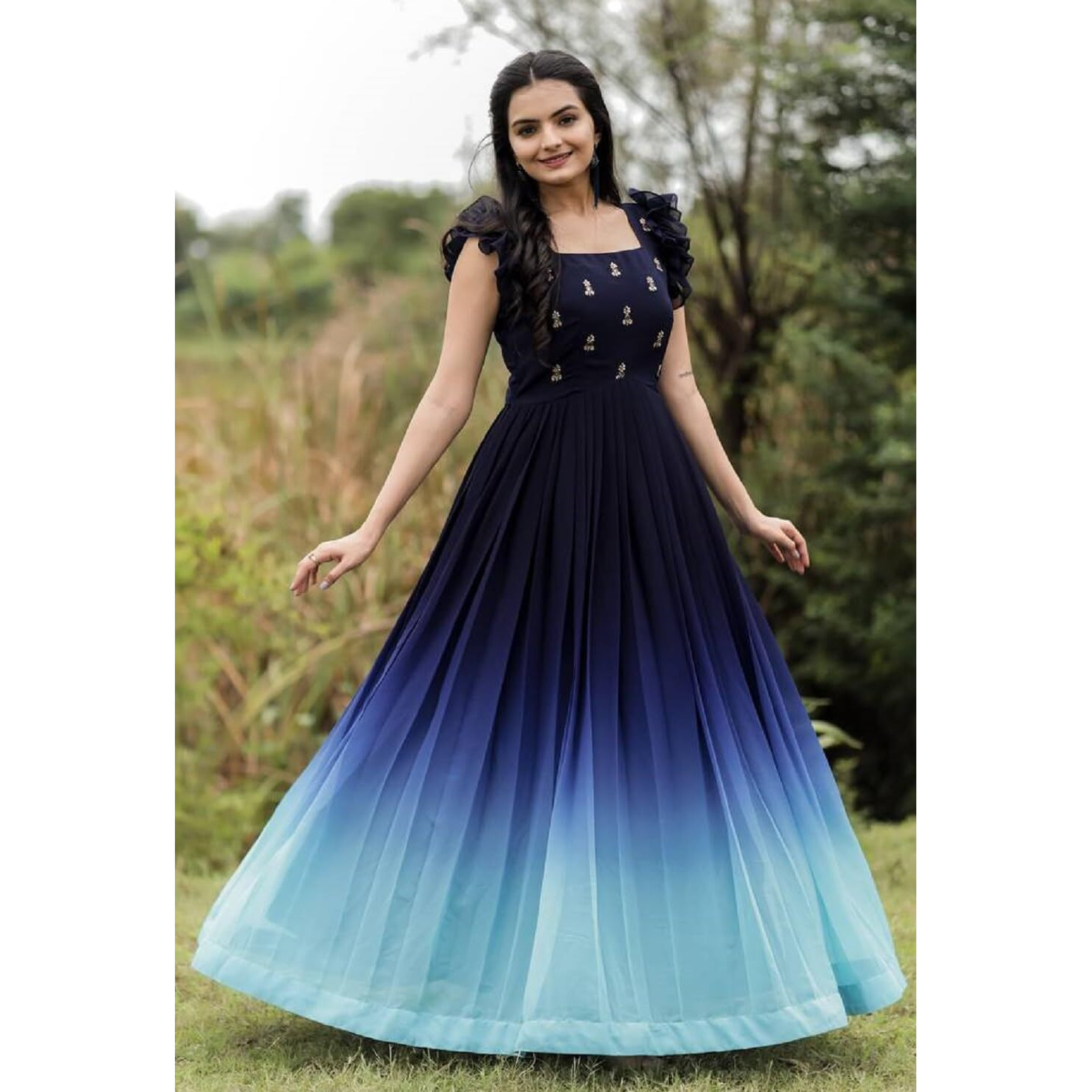 LAZZLY Women's Georgette Anarkali Knee-Length Dress (453453_Blue White