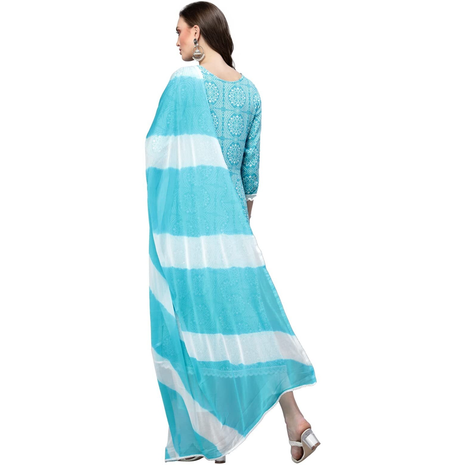 Stylum Women's Bandhej Printed & Embroidered Anarkali Kurta Pant Dupatta Set (KPDCLOUDY44_Turquoise Blue, XXL)