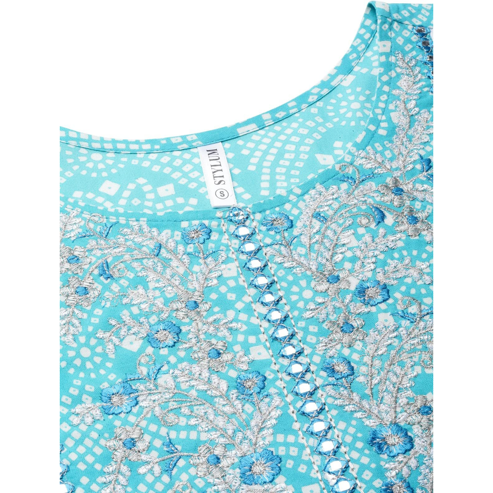 Stylum Women's Bandhej Printed & Embroidered Anarkali Kurta Pant Dupatta Set (KPDCLOUDY44_Turquoise Blue, XXL)