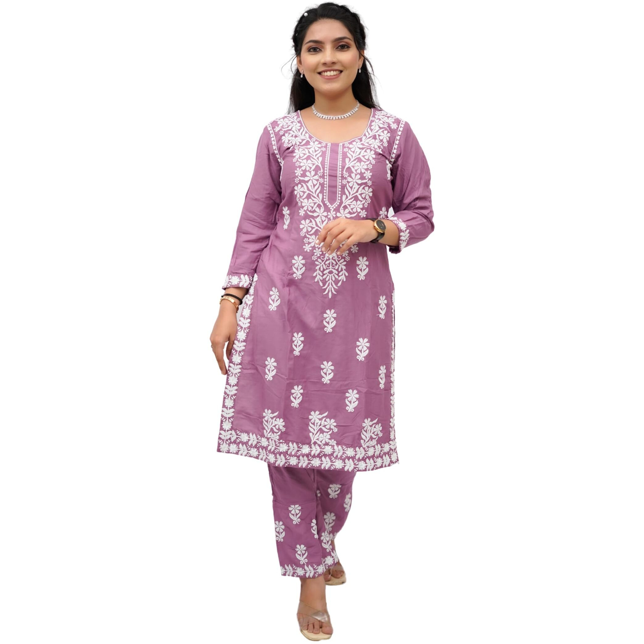 BHARVITA Women Embroidered Cotton Blend Lucknowi Chikankar Kurti Pant (2XL, Peach)