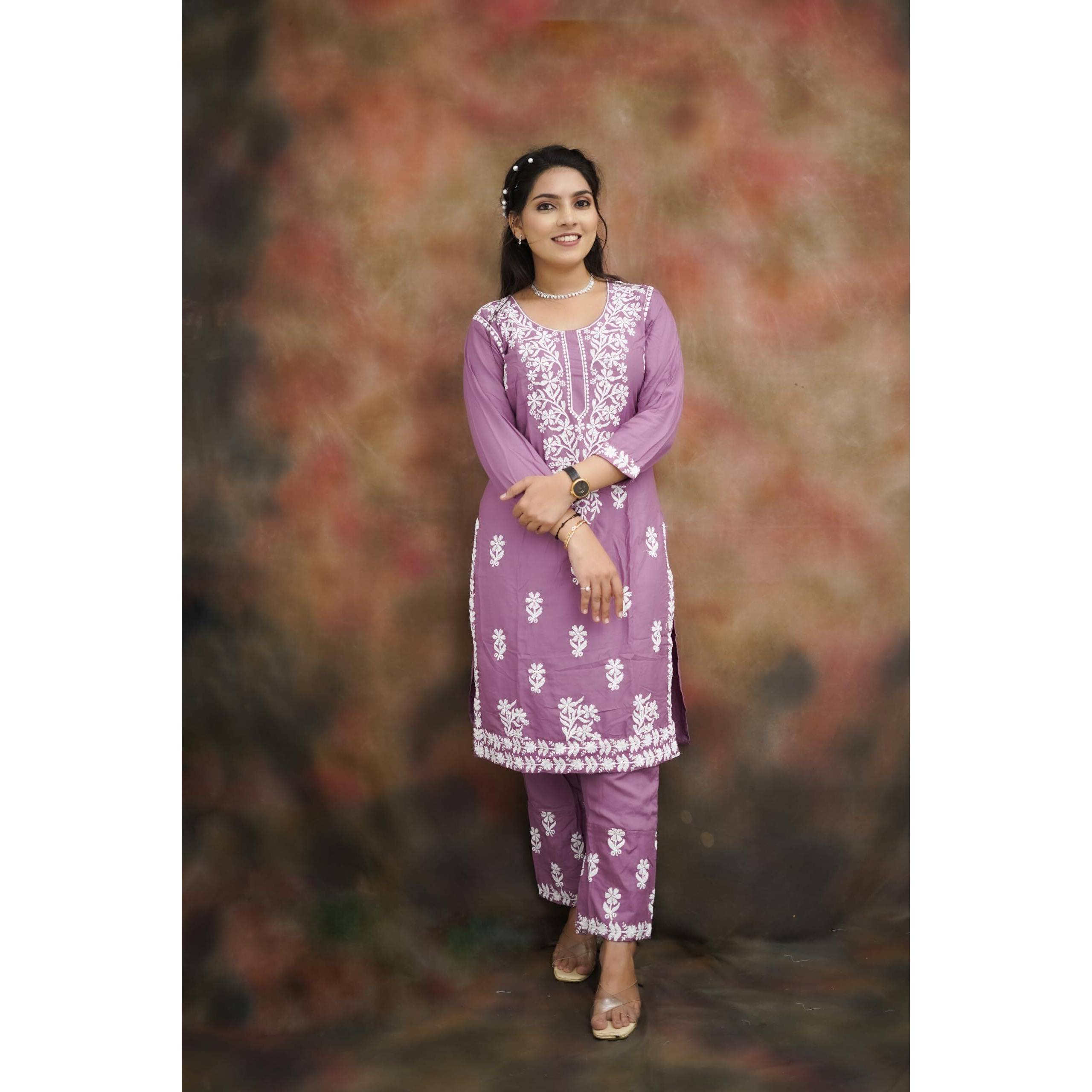 BHARVITA Women Embroidered Cotton Blend Lucknowi Chikankar Kurti Pant (2XL, Peach)