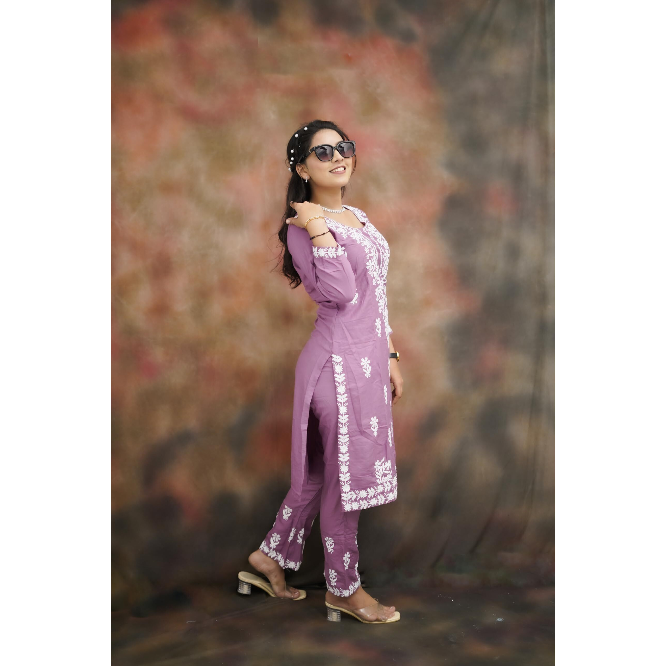 BHARVITA Women Embroidered Cotton Blend Lucknowi Chikankar Kurti Pant (2XL, Peach)