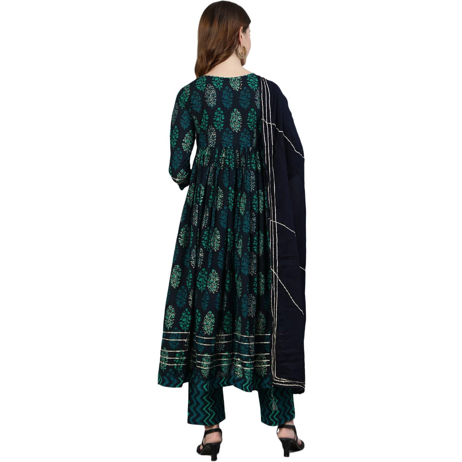 ishin Women's Navy Blue Gotta Patti Anarkali Kurta set With Trouser and Dupatta