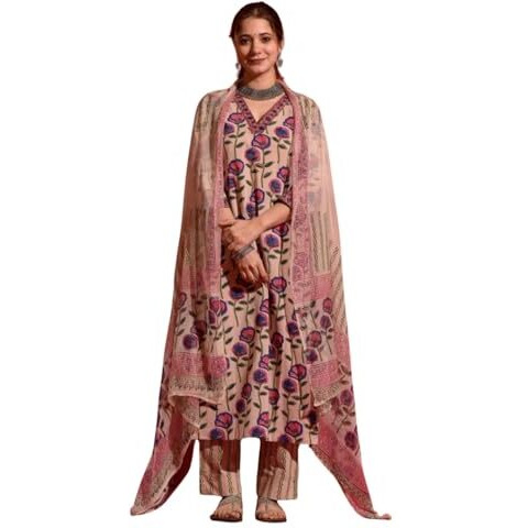 NAINVISH Women's Beige Printed Straight Rayon V-Neck Kurta Pant with Dupatta (SD691_KBD-XXL)