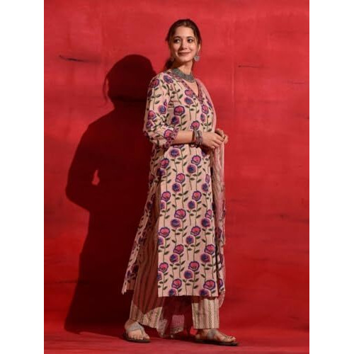 NAINVISH Women's Beige Printed Straight Rayon V-Neck Kurta Pant with Dupatta (SD691_KBD-XXL)