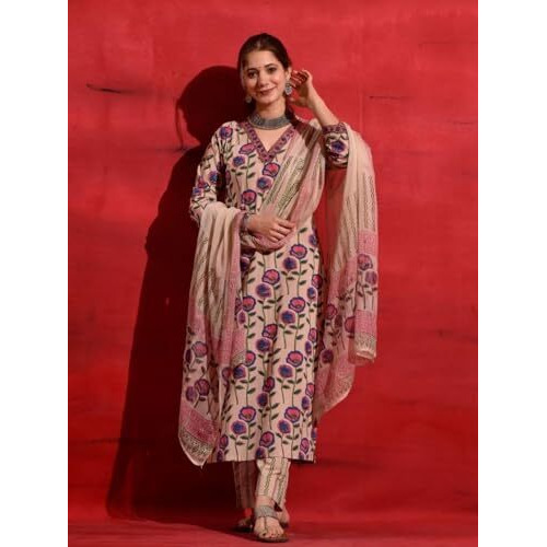 NAINVISH Women's Beige Printed Straight Rayon V-Neck Kurta Pant with Dupatta (SD691_KBD-XXL)