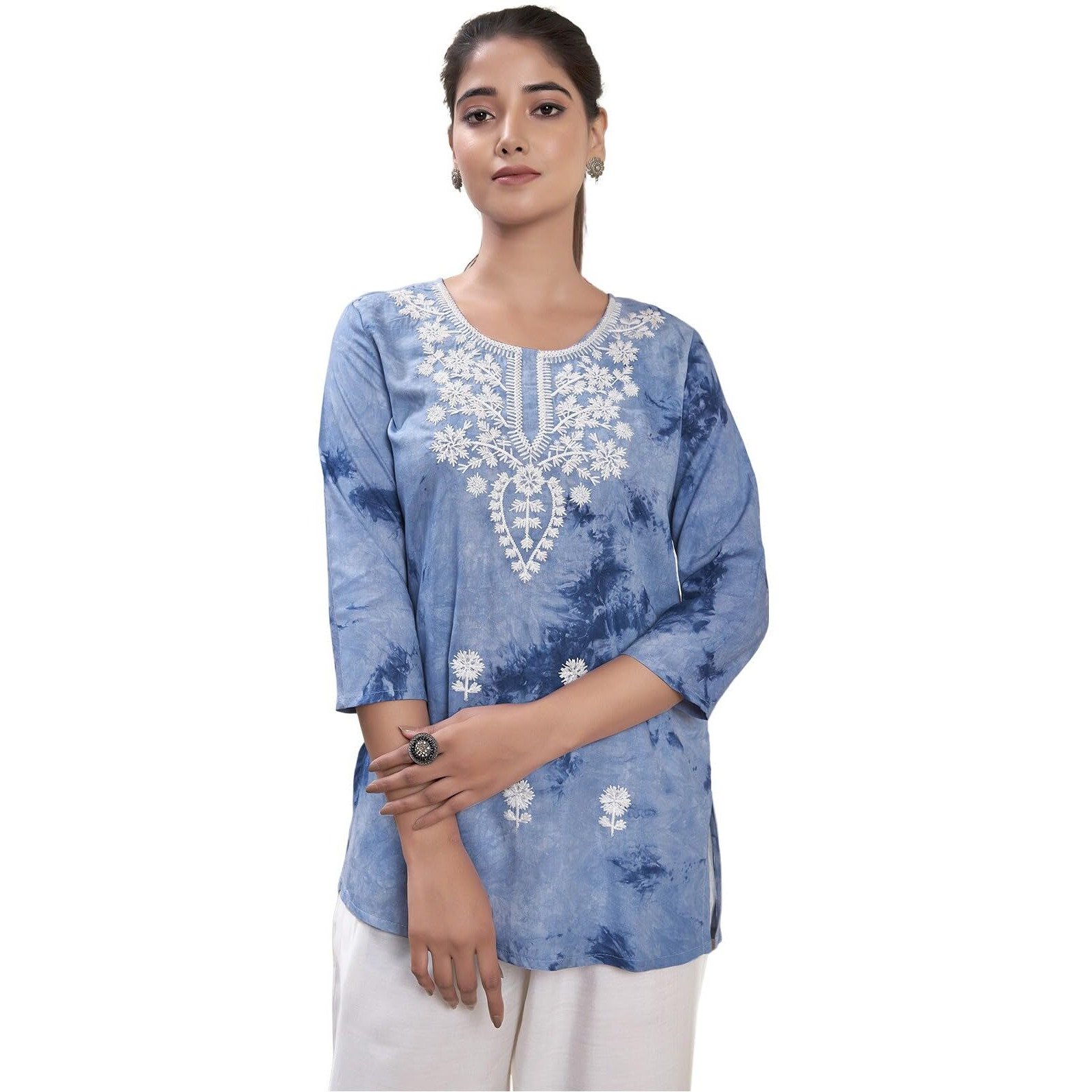 Sanisa Women's Rayon Chikankari Embroidery Short Length Straight Kurti (479K281N-XL_Light Blue)
