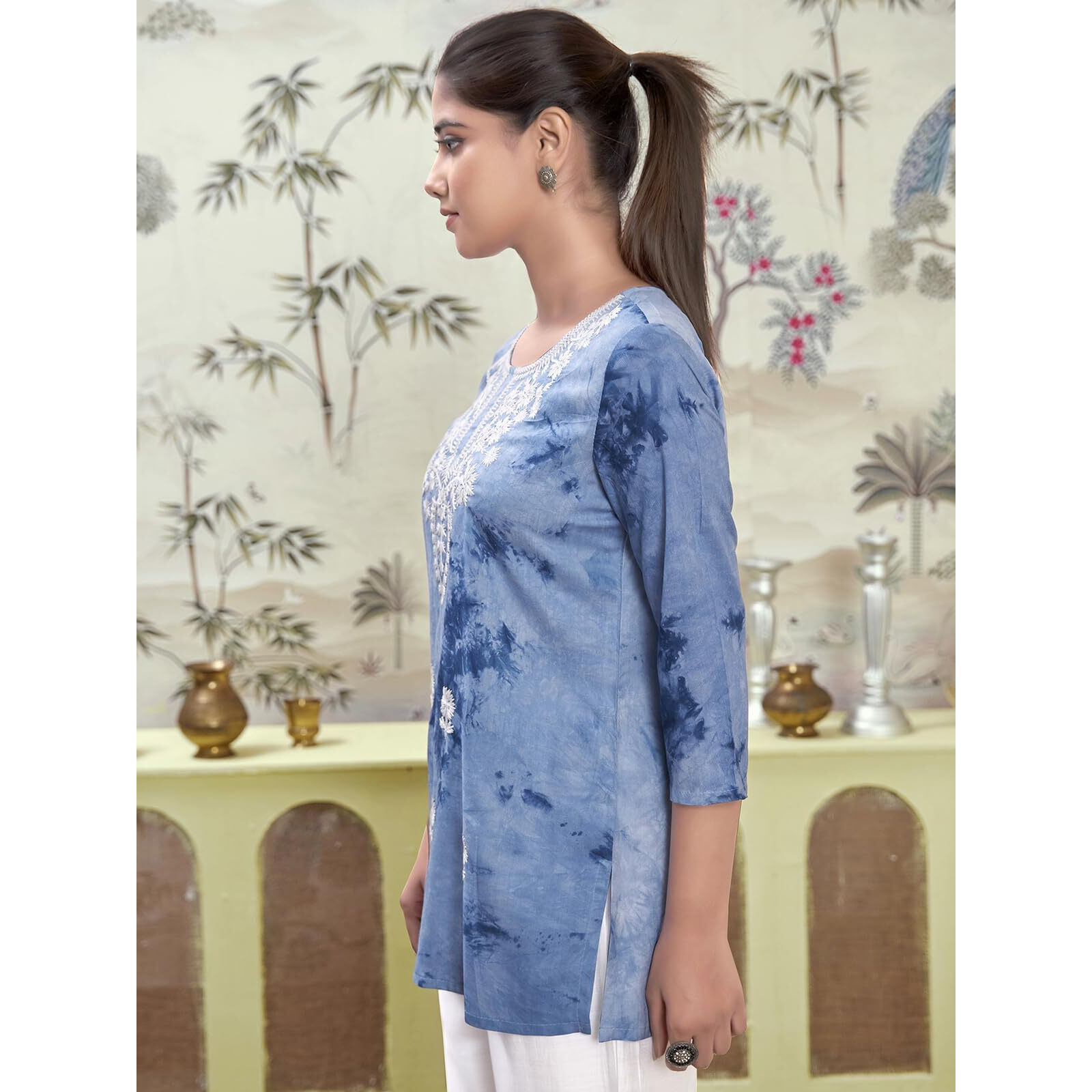 Sanisa Women's Rayon Chikankari Embroidery Short Length Straight Kurti (479K281N-XL_Light Blue)