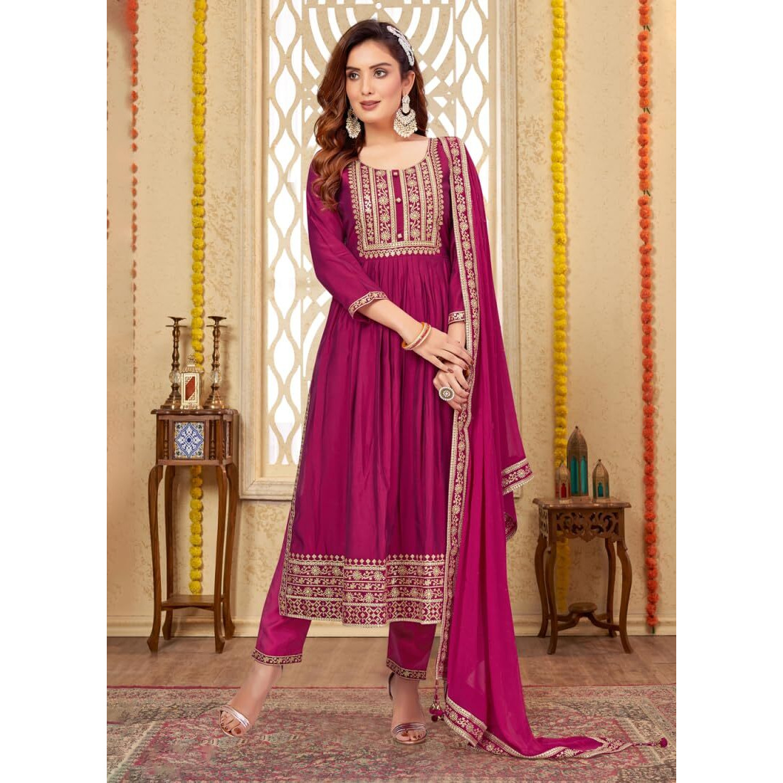 Xomantic Fashion Women's Embroidered Cotton Silk High Side Slit Calf Lenght Straight Kurta | Naira Cut Kurta for Women | Women Straight Kurta (X-Small, Pink)