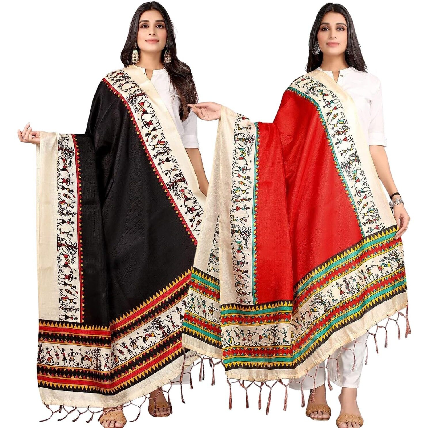 KEMZA Women's Warli Printed Cotton Silk Dupatta (Black-Red) with Traditional Print Surface Pack of 2