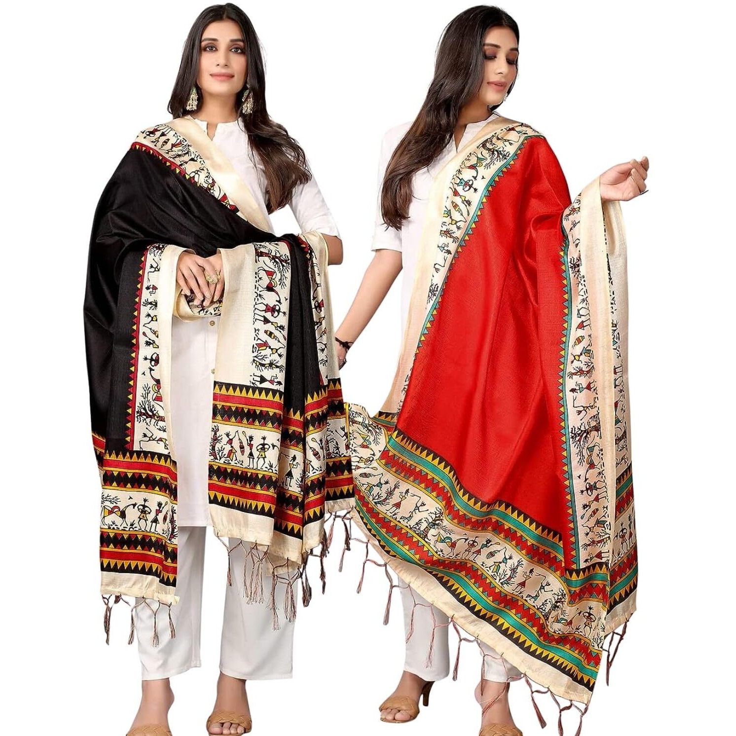 KEMZA Women's Warli Printed Cotton Silk Dupatta (Black-Red) with Traditional Print Surface Pack of 2