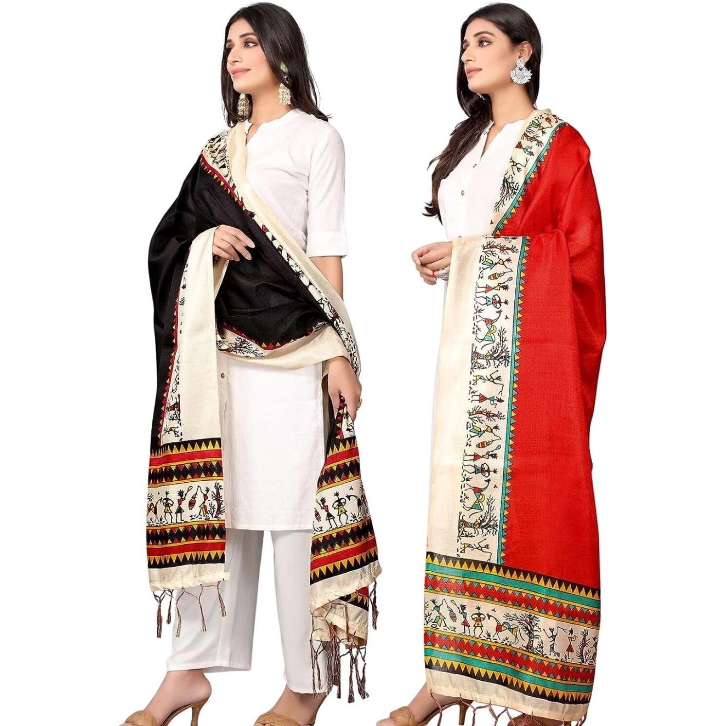 KEMZA Women's Warli Printed Cotton Silk Dupatta (Black-Red) with Traditional Print Surface Pack of 2