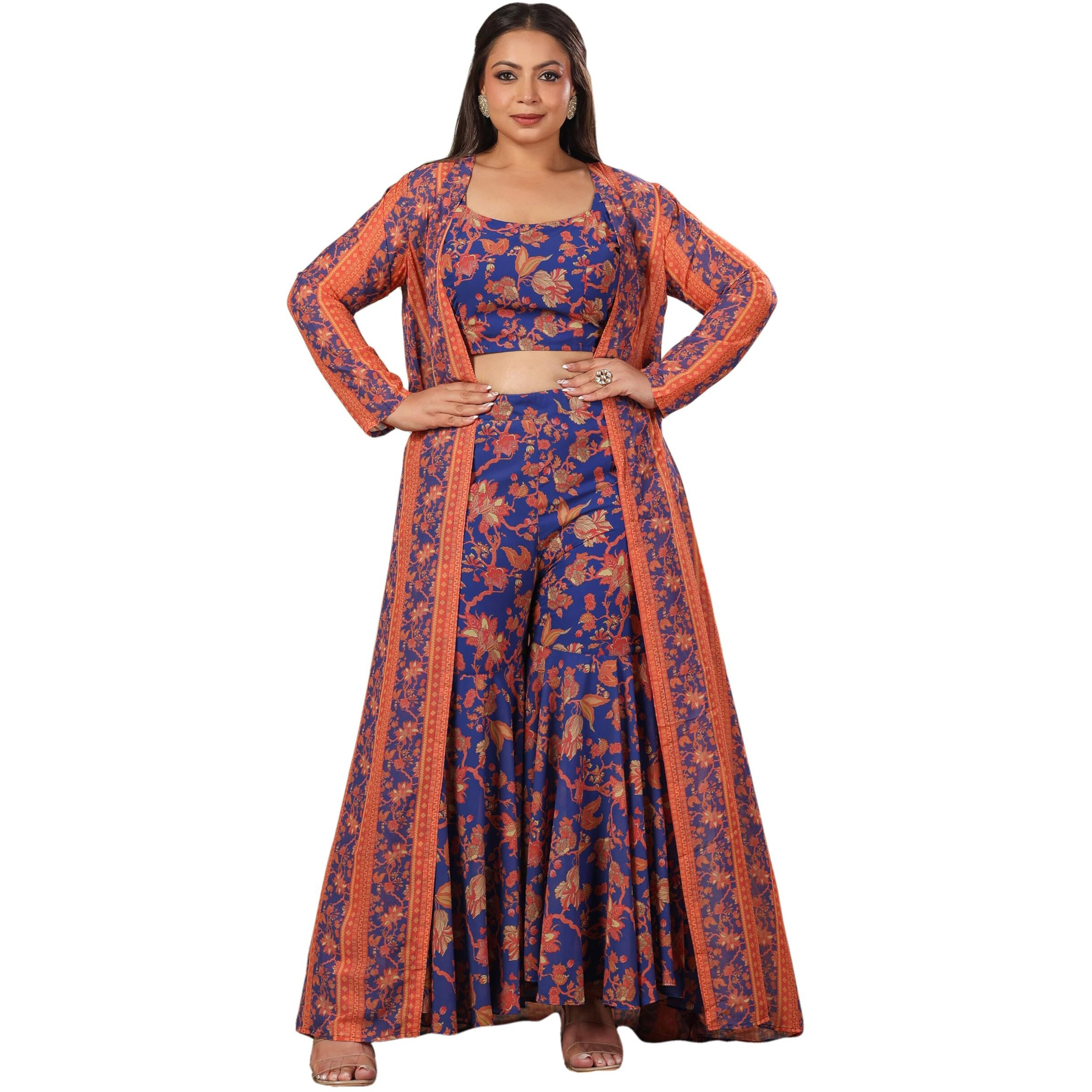 Janasya Women's Plus Size Navy Blue Georgette Floral Printed Co-Ord Set (XLB24ST00571-5XL)