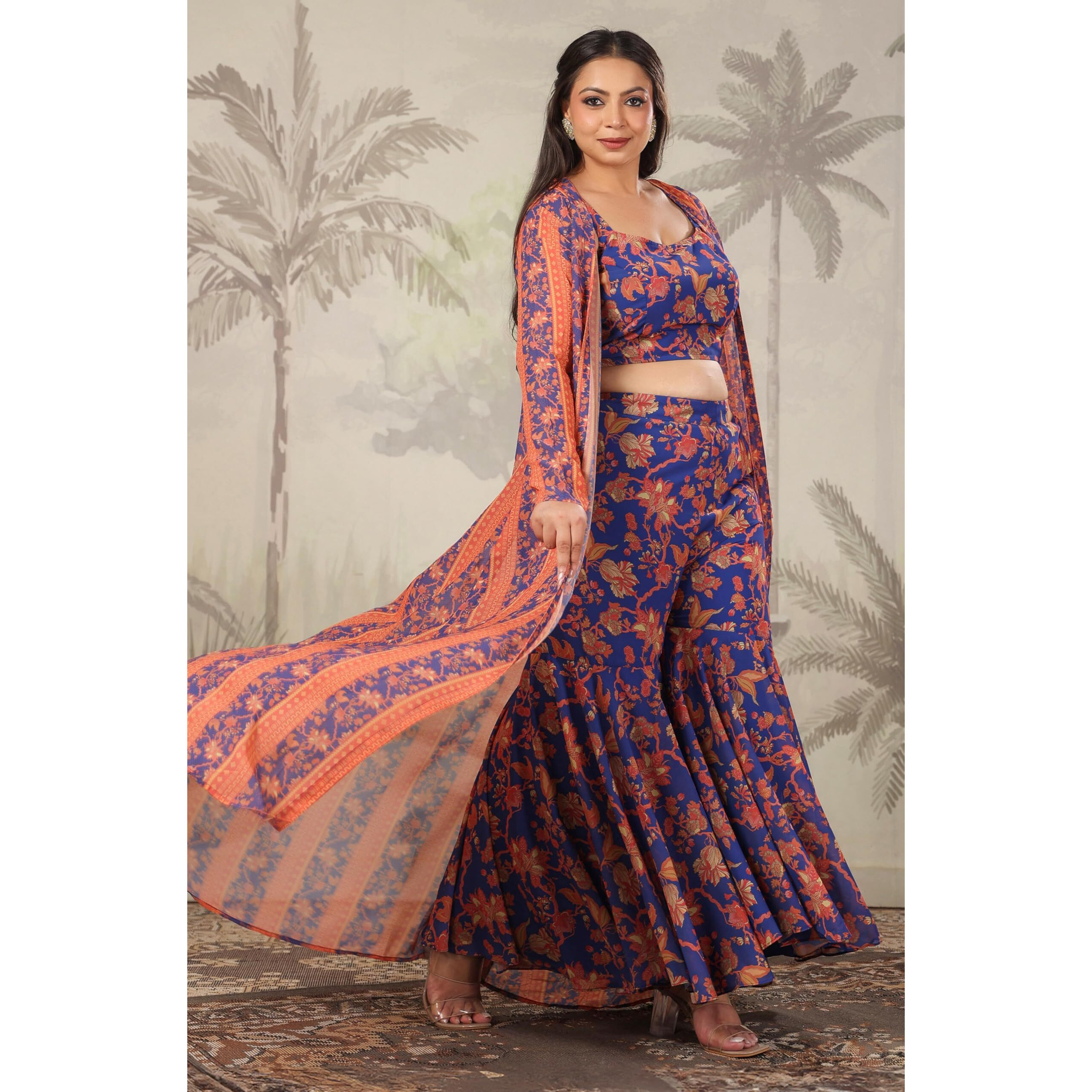 Janasya Women's Plus Size Navy Blue Georgette Floral Printed Co-Ord Set (XLB24ST00571-5XL)