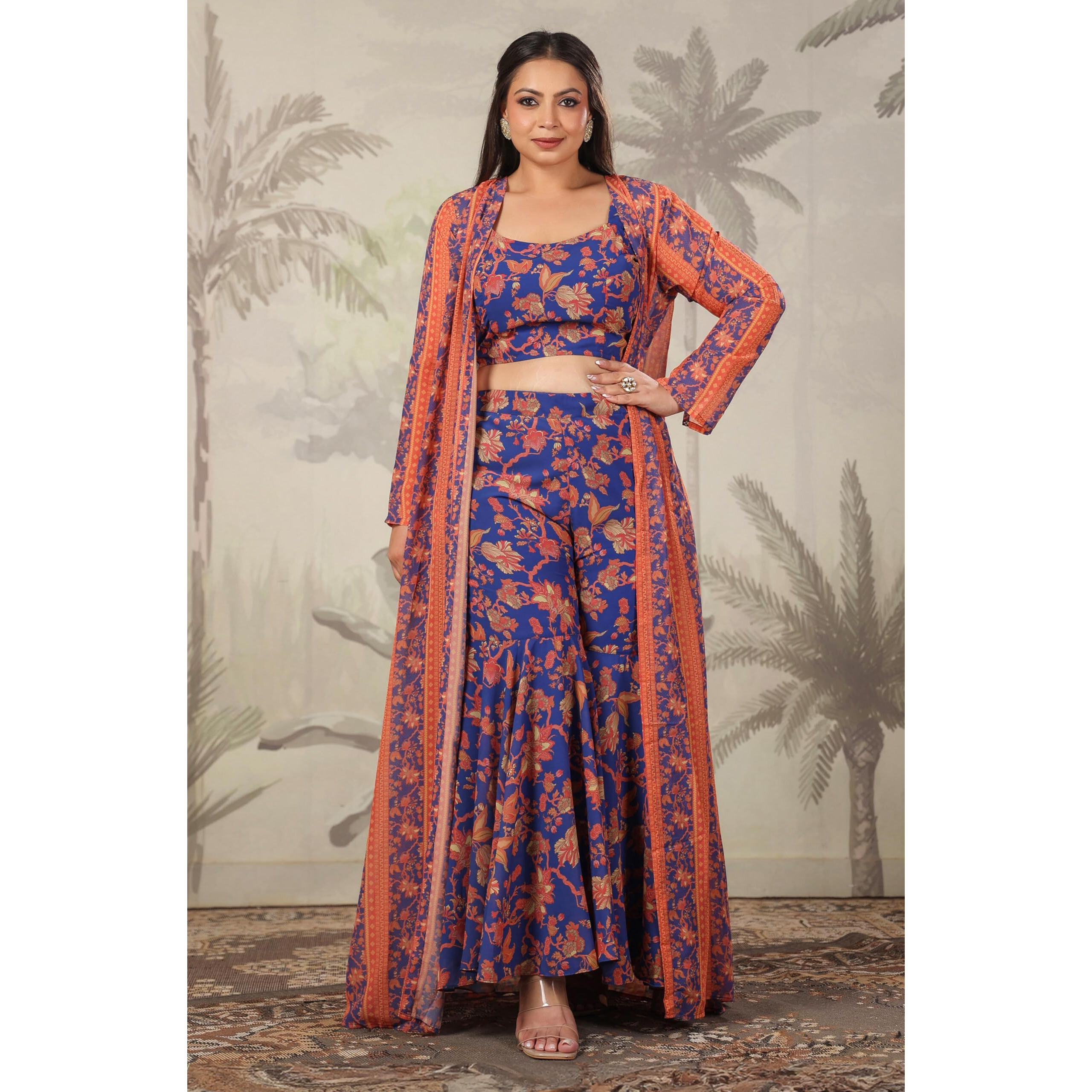 Janasya Women's Plus Size Navy Blue Georgette Floral Printed Co-Ord Set (XLB24ST00571-5XL)