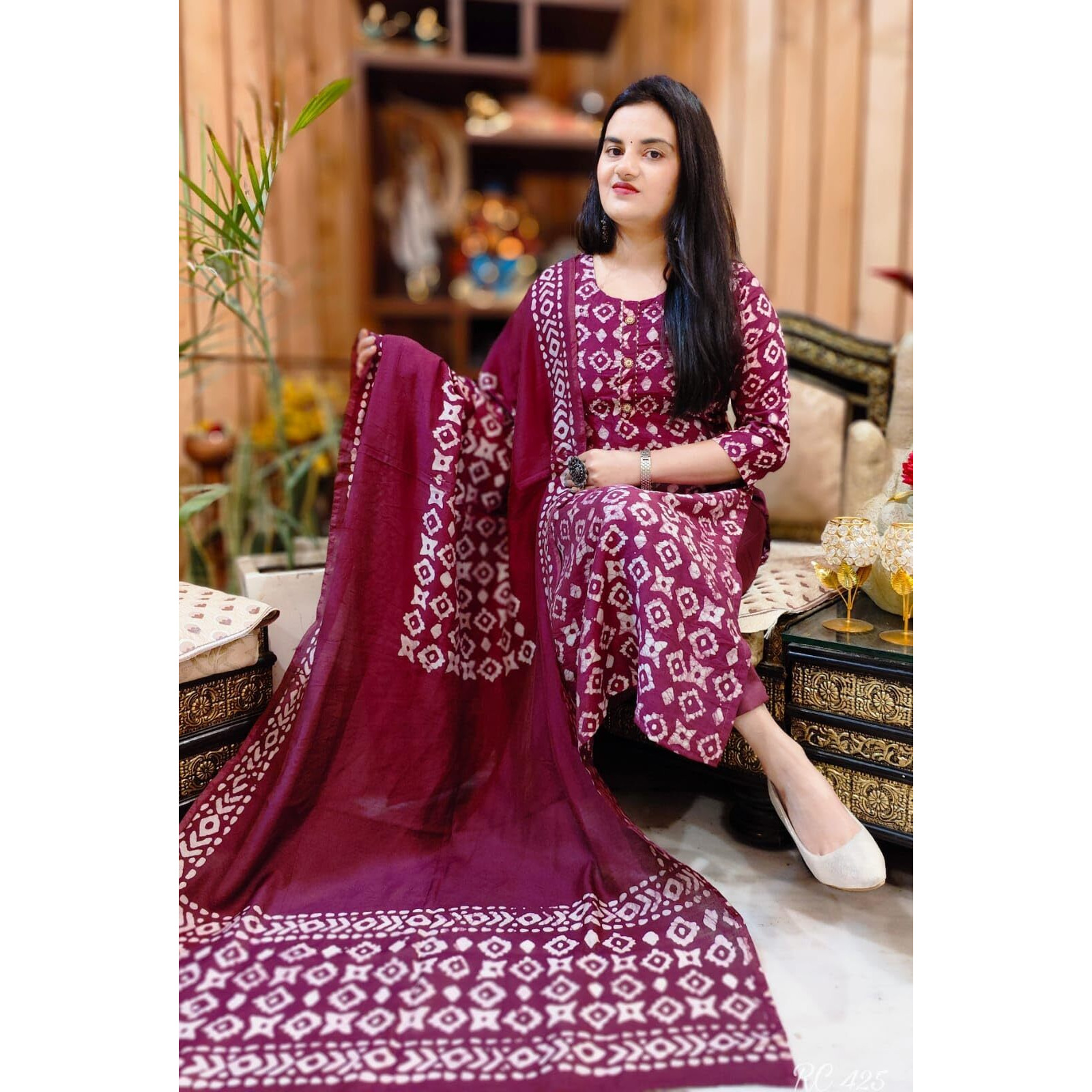 BHARVITA Women's Cotton Blend Straight Printed Kurta with Pant & Dupatta (in, Alpha, 3XL, Regular, Maroon)