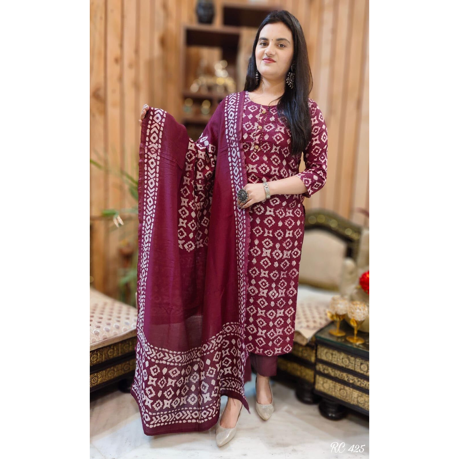 BHARVITA Women's Cotton Blend Straight Printed Kurta with Pant & Dupatta (in, Alpha, 3XL, Regular, Maroon)