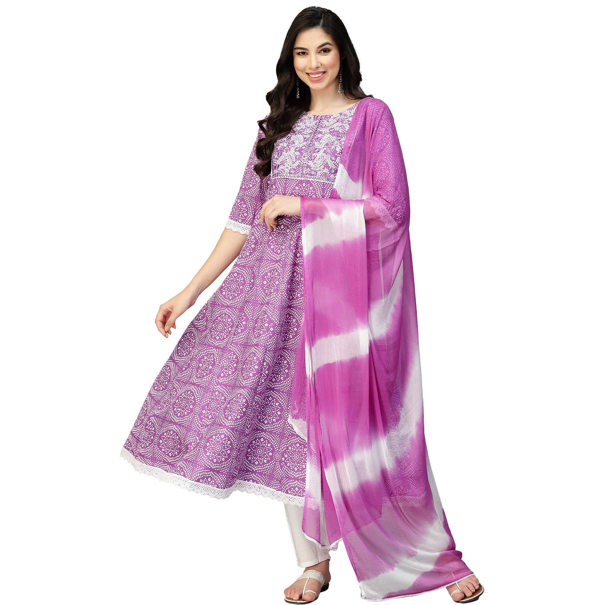 Stylum Women's Bandhej Printed & Embroidered Anarkali Kurta Pant Dupatta Set (KPDPURPLECLOUDY44_Purple, XXL)