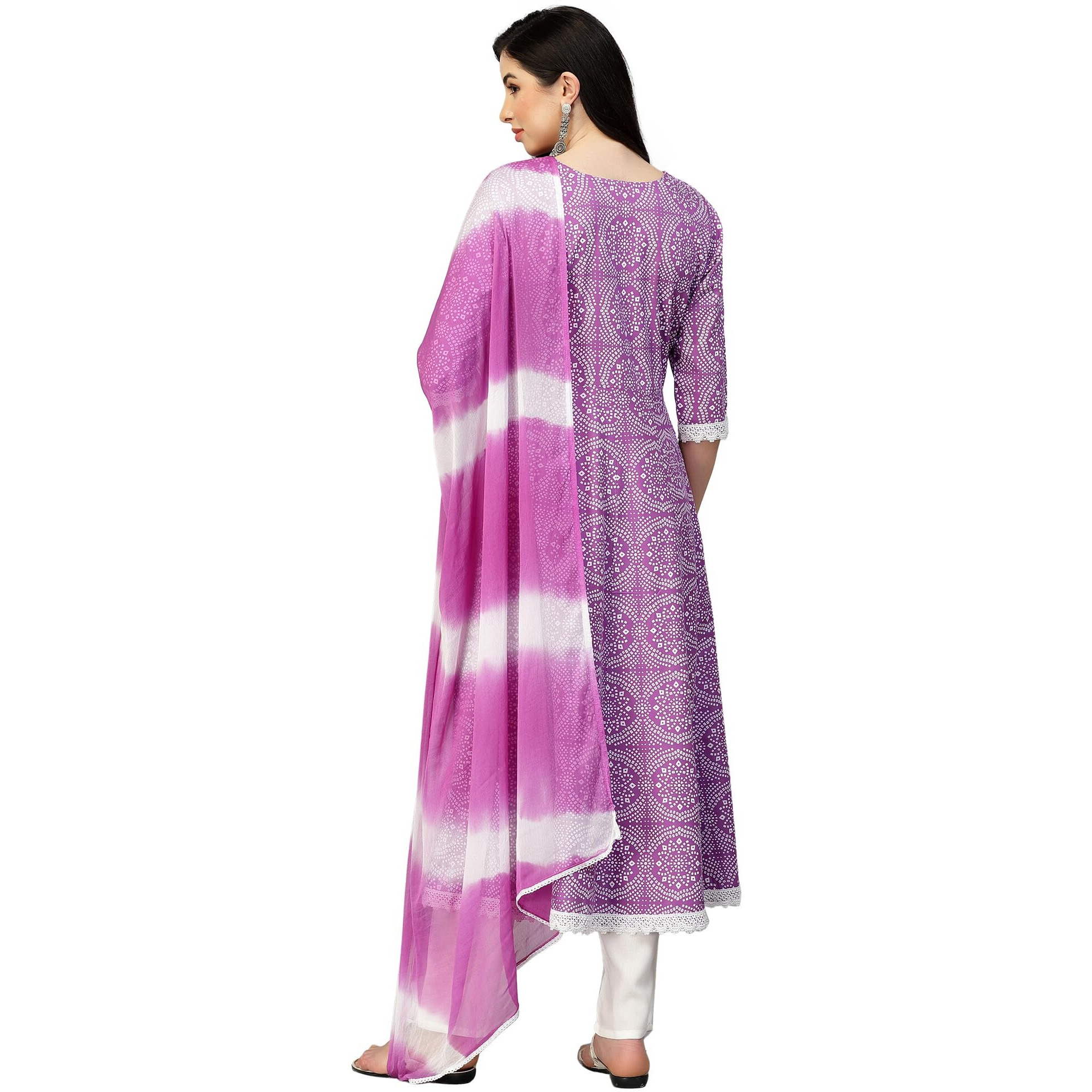 Stylum Women's Bandhej Printed & Embroidered Anarkali Kurta Pant Dupatta Set (KPDPURPLECLOUDY44_Purple, XXL)