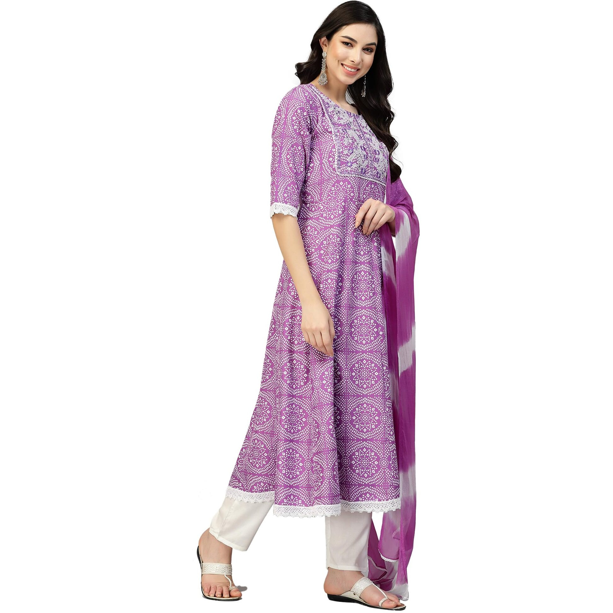 Stylum Women's Bandhej Printed & Embroidered Anarkali Kurta Pant Dupatta Set (KPDPURPLECLOUDY44_Purple, XXL)