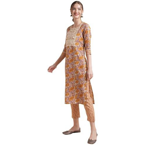NAINVISH Women's Cotton Blend Embroidered Straight Round Neck Kurta Pant with Dupatta (SD546_KBD-XL_Yellow)