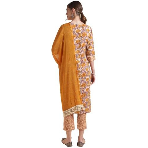 NAINVISH Women's Cotton Blend Embroidered Straight Round Neck Kurta Pant with Dupatta (SD546_KBD-XL_Yellow)