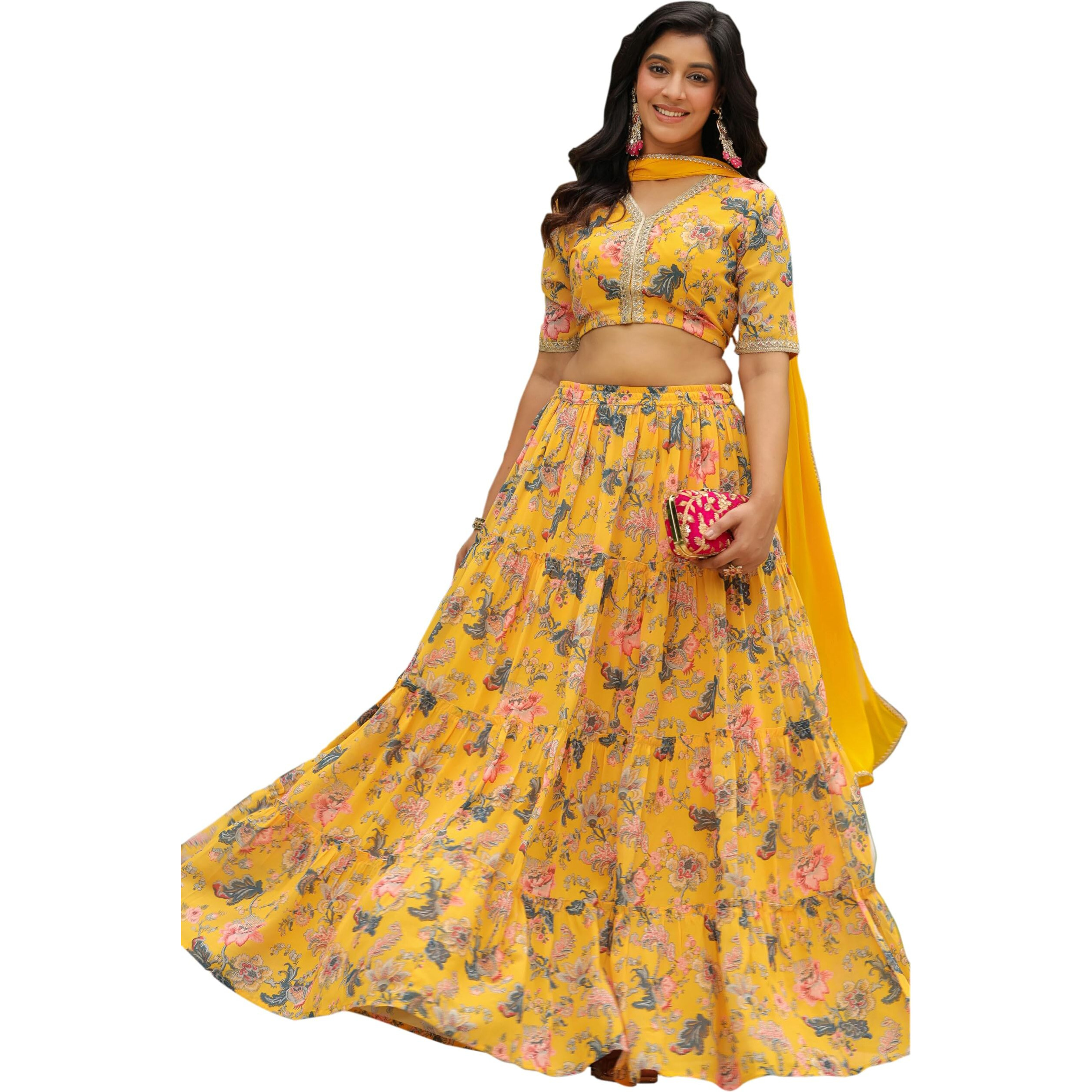 Janasya Women's Yellow Georgette Floral Printed Tiered Lehenga Choli Set (JAB24LC00586-XXL)