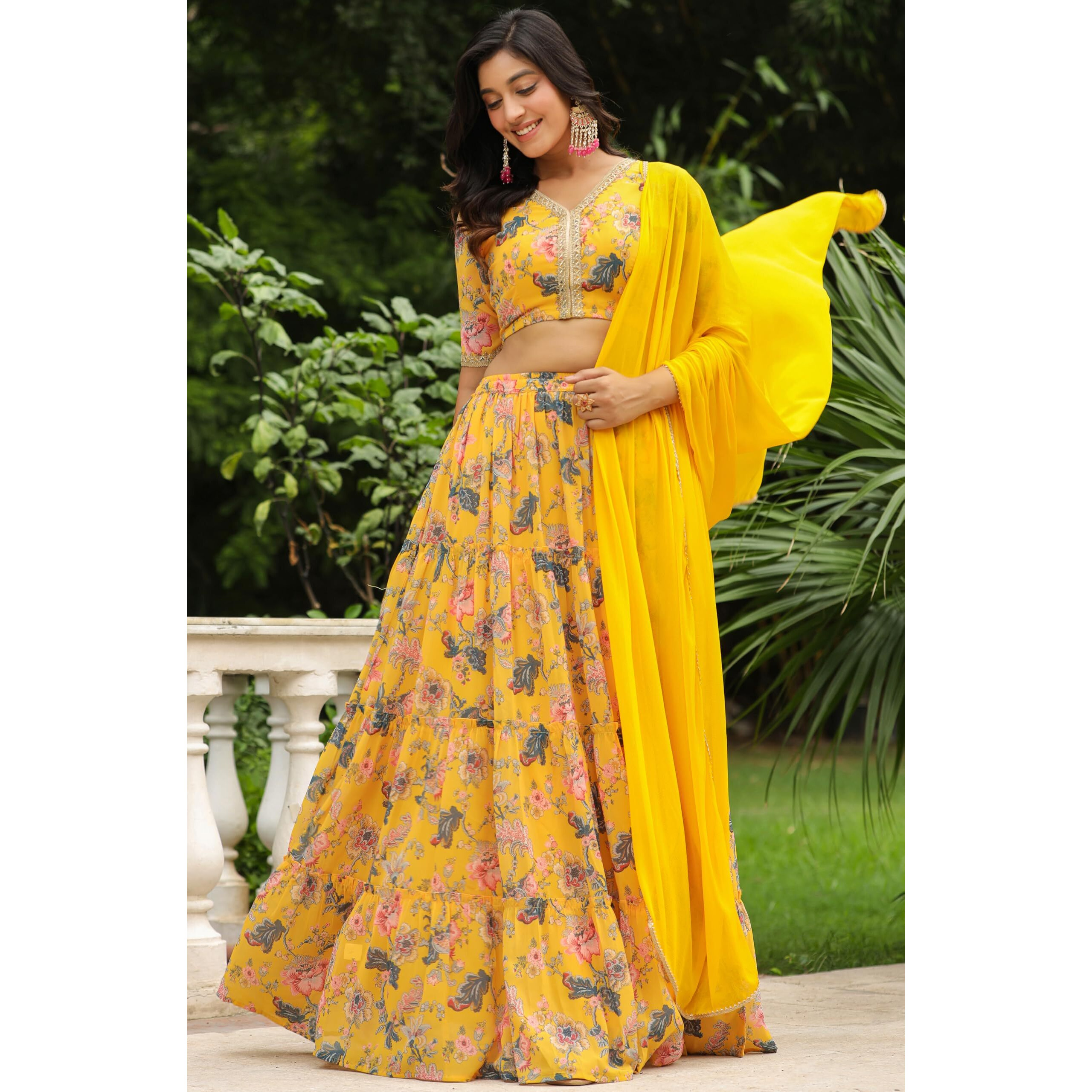 Janasya Women's Yellow Georgette Floral Printed Tiered Lehenga Choli Set (JAB24LC00586-XXL)